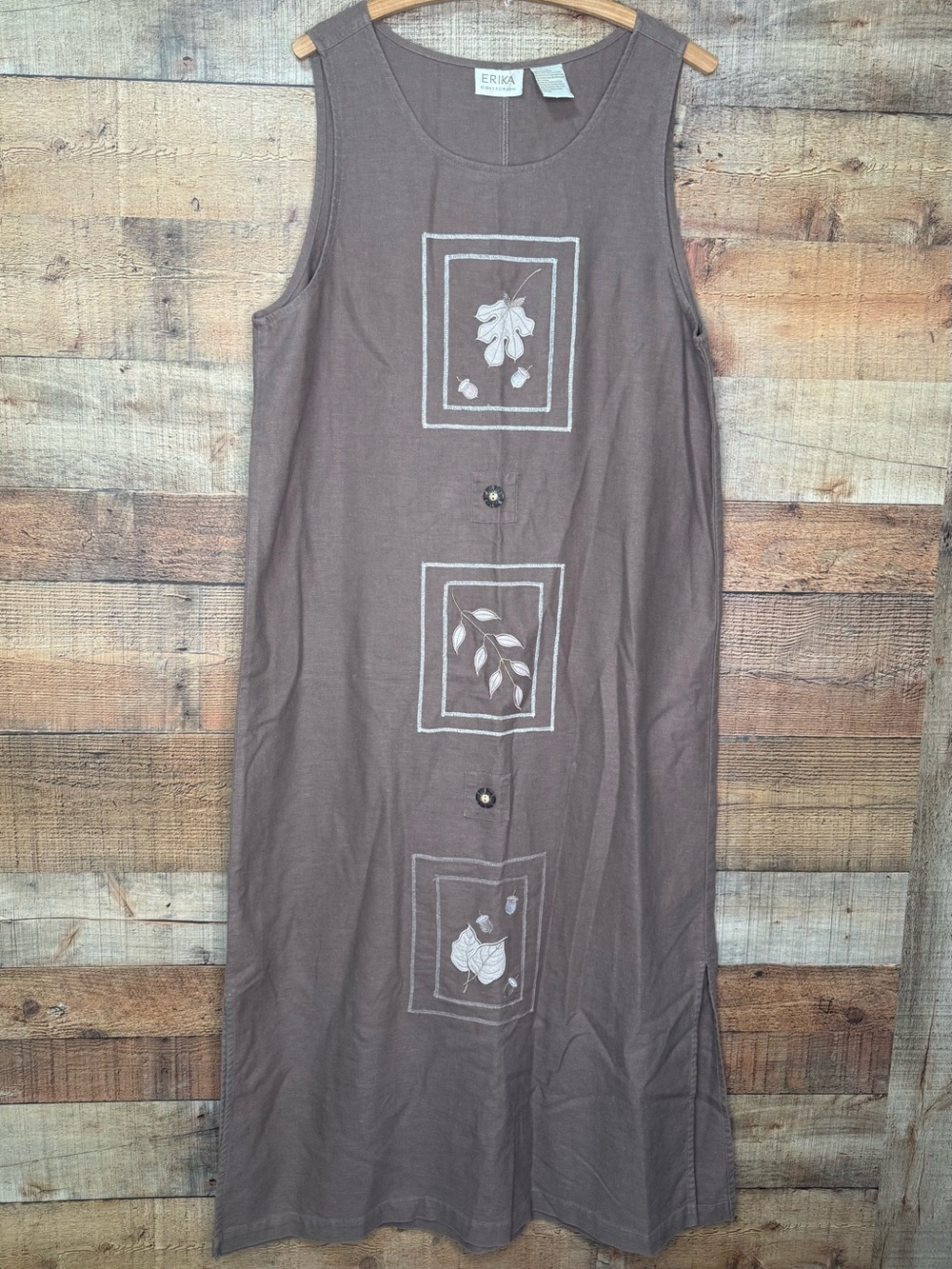 Erika Collection Women Linen Blend Maxi Dress L brown Leaf Cottagecore Lagenlook